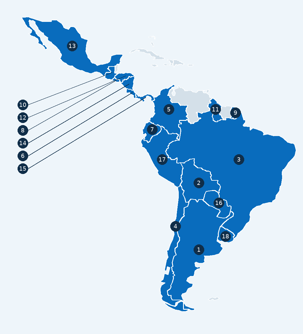Mapa de cobertura de SIM para IoT. Los países y territorios disponibles aparecen en azul y se identifican con los números de la lista.